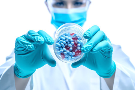 Generative AI : Male doctor in white uniform holding blue label white bottle of diuretics drugs close upの素材