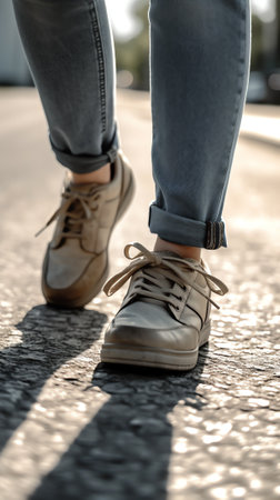 Generative AI : Man legs in boot and jeans walking along the street with colorful autumn leaves carpet on the ground in autumn forest with morning sunlight for background close upの素材