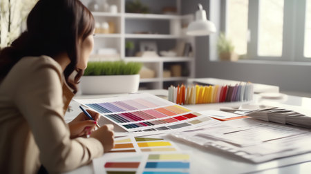 Generative AI : Interior designer decorator architecture working with stylus pen hand drawing on pro digital tablet and laptop computer with color swatch sample home master plan onの素材