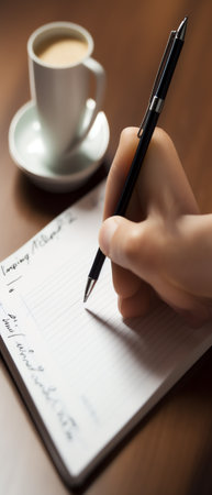 Generative AI : Man hand writing on papaer notebook with a pencil Man taking note or make a plan on notepad with reflection on office desk at home copy space close upの素材