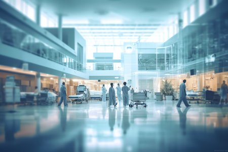 Generative AI : Medical technology background medicine and healthcare concept Health icons and chemical formulars on virtual screen with blurred hospital interior as backgroundの素材