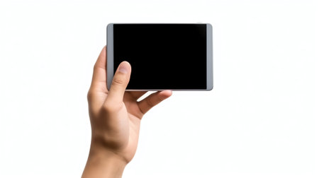 Generative AI : Man hand holding digital tablet computer isolated over white backgroundの素材