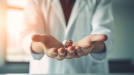 Generative AI : Male doctor in white uniform holding blue label white bottle of anti depressant drug pills close upの素材
