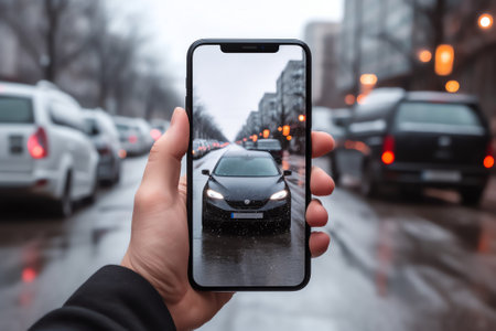 Generative AI : Man searching destination direction or address on gps map or navigator application via mobile smart phone inside a car while driving car close upの素材