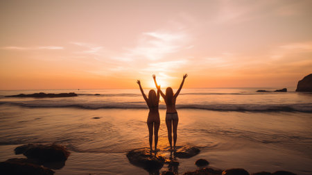 Generative AI : Life quote about friendship with two women talking together on the beach with sunrise or sunset backgroundの素材