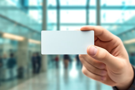 Generative AI : Man hand holding empty golden credit card with magnetic stripe and blurred background of light bokeh at shopping center or business area credit card payment conceptの素材