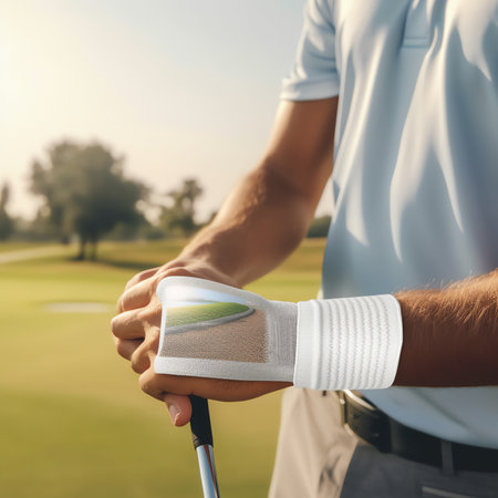 Generative AI : Mock up image man hands holding digital tablet computer with blurred scene at golf court backgroundの素材