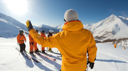 Generative AI : Man holding smart phone tablet over blurred skiers in the background winter backgroundの素材