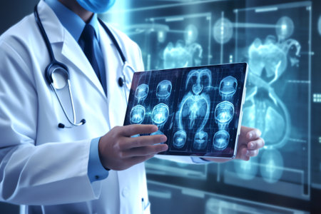 Generative AI : Medicine doctor hand touching on digital tablet computer as interface medical network connection with health icons on virtual screen medical technology network smarの素材
