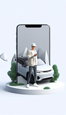 Generative AI : Man using blank white screen mobile smartphone inside a car in sunny day copy space for your app or product displayの素材