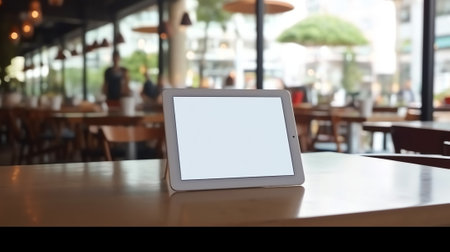 Generative AI : Mock up image Casual business man using white blank screen mobile smart phone browsing internet on laptop computer at coffee shop internet application advertisementの素材