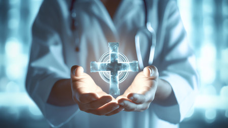 Generative AI : Medicine doctor hand with stethoscope touching icon medical network connection electronic health record system vital signs EKG monitor medical technology network teの素材
