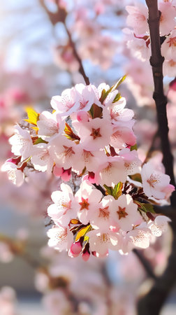 Generative AI : Pink cherry blossoms on tree with blurred backgroundの素材