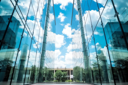 Generative AI : Modern glass office building in the city with cloudy sky reflection on glass wall low angle viewの素材