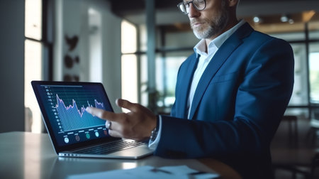 Generative AI : Smart businessman in black suit using digital tablet and monitoring on laptop computer business strategy analysis or present new project on virtual screen can be usの素材