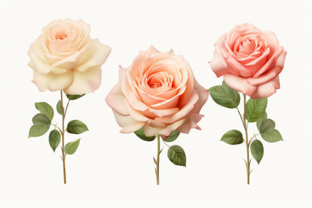 Generative AI : Set of beautiful pink yellow and beige English roses flowers isolated on white backgroundの素材