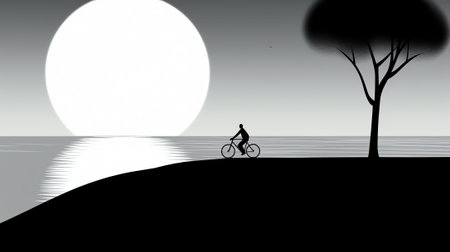 Generative AI : Silhouette in black and white of a man sitting on the bench with his bicycle by the Han river Koreaの素材