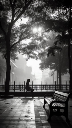 Generative AI : Silhouette in black and white of a man sitting on the bench with his bicycle by the Han river Koreaの素材