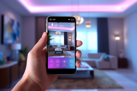 Generative AI : Smart home technology IoT Internet of Things interface on smartphone app screen connected objects in the modern apartment interior woman holding device as remote coの素材