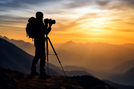 Generative AI : Silhouette of male photographer or traveler taking a photograph sunrise landscape on mountain top blue toneの素材