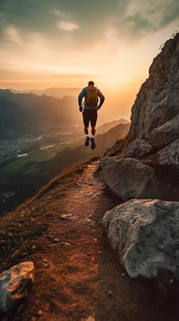 Generative AI : Spiritual quote DO NOT GIVE UP THE BEGINNING IS ALWAYS THE HARDEST KEEP MOVING FORWARD on blurred background of man on his way walking up to the mountain topの素材