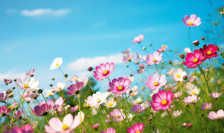 Generative AI : Sweet pink cosmos flowers with blurred background in cosmos field and blue sky copyspace useful for spring background or greeting cardの素材