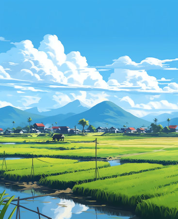 Generative AI : Thai farmers plants rice in the paddy field with cloudy skyの素材