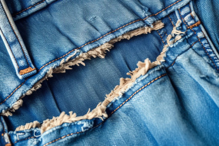 Generative AI : Torn denim blue jeans texture with patch frame use for the background close upの素材