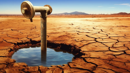 Generative AI : Water dropped from the old tap on hand in dry season rural area Thailandの素材