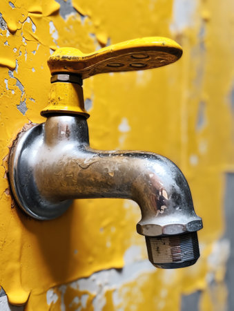 Generative AI : Water dropped from the old tap on hand in dry season rural area Thailandの素材