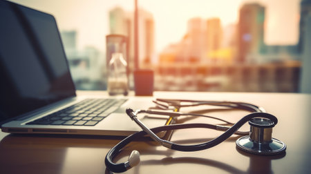 Generative AI : healthcare and medicine background Medical stethoscope and laptop computer on table with copy space Online medical ehealth education Health business web bannerの素材