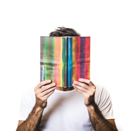 Generative AI : Young man opening and reading a book close upの素材