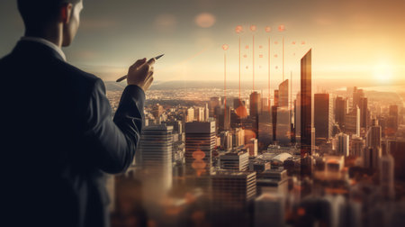 Generative AI : 2020 Business Goals Growth success concept Double exposure of smart businessman with digital tablet computer touching on virtual screen and city with progress of poの素材