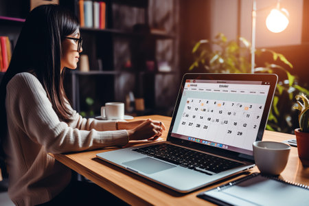 Generative AI : 2023 Calendar event planner timetable agenda plan on organize schedule Business woman using mobile phone with monthly calendar for event planning Plan scheduling wiの素材