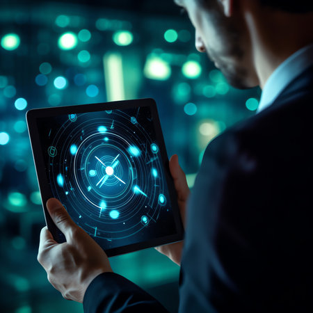 Generative AI : 2020 Business Goals Growth success concept Businessman with digital tablet computer touching on virtual screen with progress of positive business indicator dark bacの素材