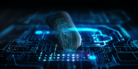 Generative AI : Abstract connecting internet network technology background person hand touching on mobile smart phone or digital tablet computer with low polygon and binary computeの素材