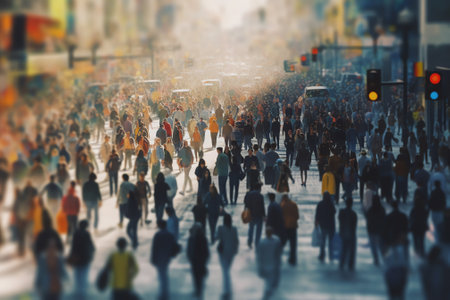Generative AI : Abstract blurred asian crowd people tourist group walking and shopping on street market daytime and light bokeh can be used for business background Seoul Korea persの素材