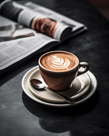 Generative AI : A cup of hot latte coffee daily newspaper mobile smartphone workplace morning news update concept vintage styleの素材