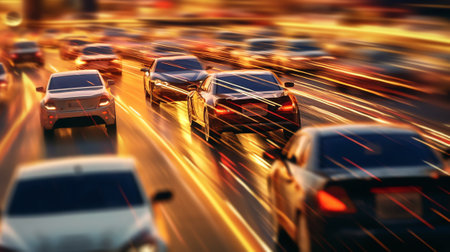 Generative AI : Abstract blurred background of lot of cars driving on the road in the city transportation background side viewの素材