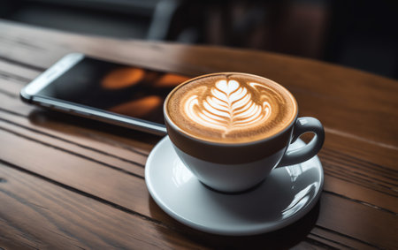 Generative AI : A cup of hot latte coffee daily newspaper mobile smartphone workplace morning news update concept vintage styleの素材