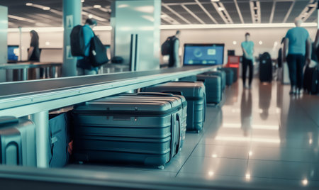 Generative AI : Abstract background blurred image of stewardesses with suitcases walking in passenger terminal at the airportの素材