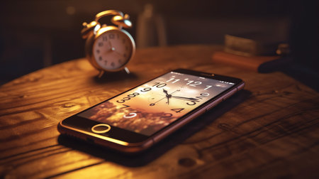 Generative AI : Alarm clock and mobile smart phone on desk near the window with morning light and copy space waiting for an important call count down vintage toneの素材