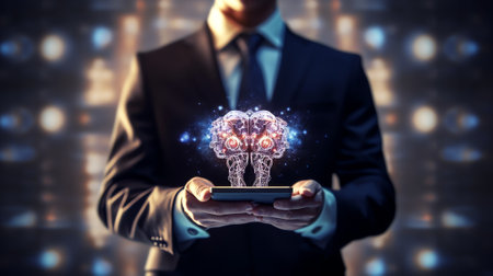 Generative AI : Artificial intelligence AI machine learning data mining digital technology concept Businessman using digital tablet with Ai and big data management Business Intelliの素材
