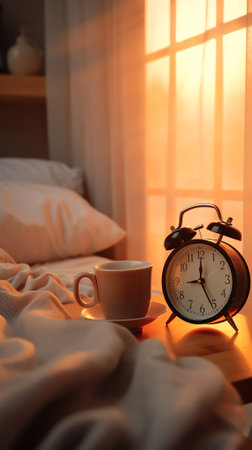 Generative AI : Alarm clock tablet computer paper note book and coffee cup on wooden desk by the window in morning light Overtime working concept Part time job home office workingの素材