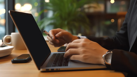 Generative AI : Asian businessman using mobile smartphone working on laptop computer with business report financial graph on desk in modern office business strategy analysis concepの素材