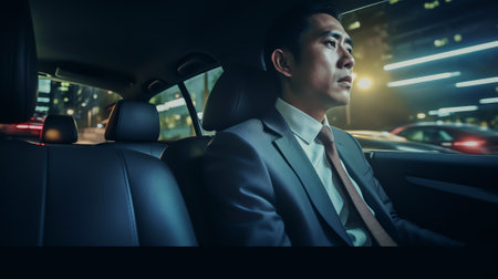 Generative AI : Asian businessman executive manager reading message or morning news via mobile smart phone application inside a car on backseat business concept Corporate man lawyeの素材