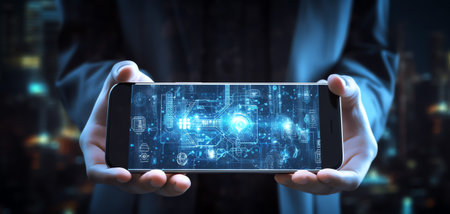 Generative AI : Artificial Intelligence AI Internet of Things IoT Business man using smart phone on city background big data deep learning smartphone application 40 industrial techの素材