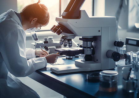 Generative AI : Asian doctor or scientist looking chemical sample on microscope in hospital laboratory for investigation Laboratory research concept close upの素材
