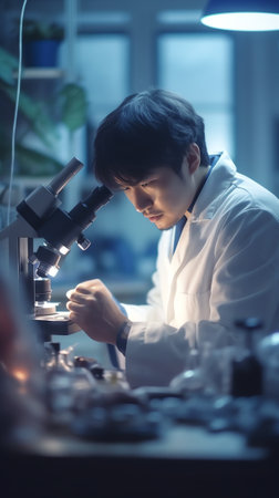 Generative AI : Asian doctor or scientist looking chemical sample on microscope in hospital laboratory for investigation Laboratory research concept close upの素材