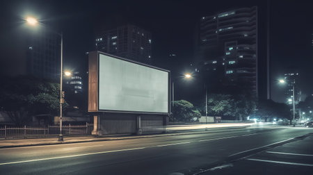 Generative AI : Blank roadside billboard at night in the city with bokeh light of buildings backgroundの素材